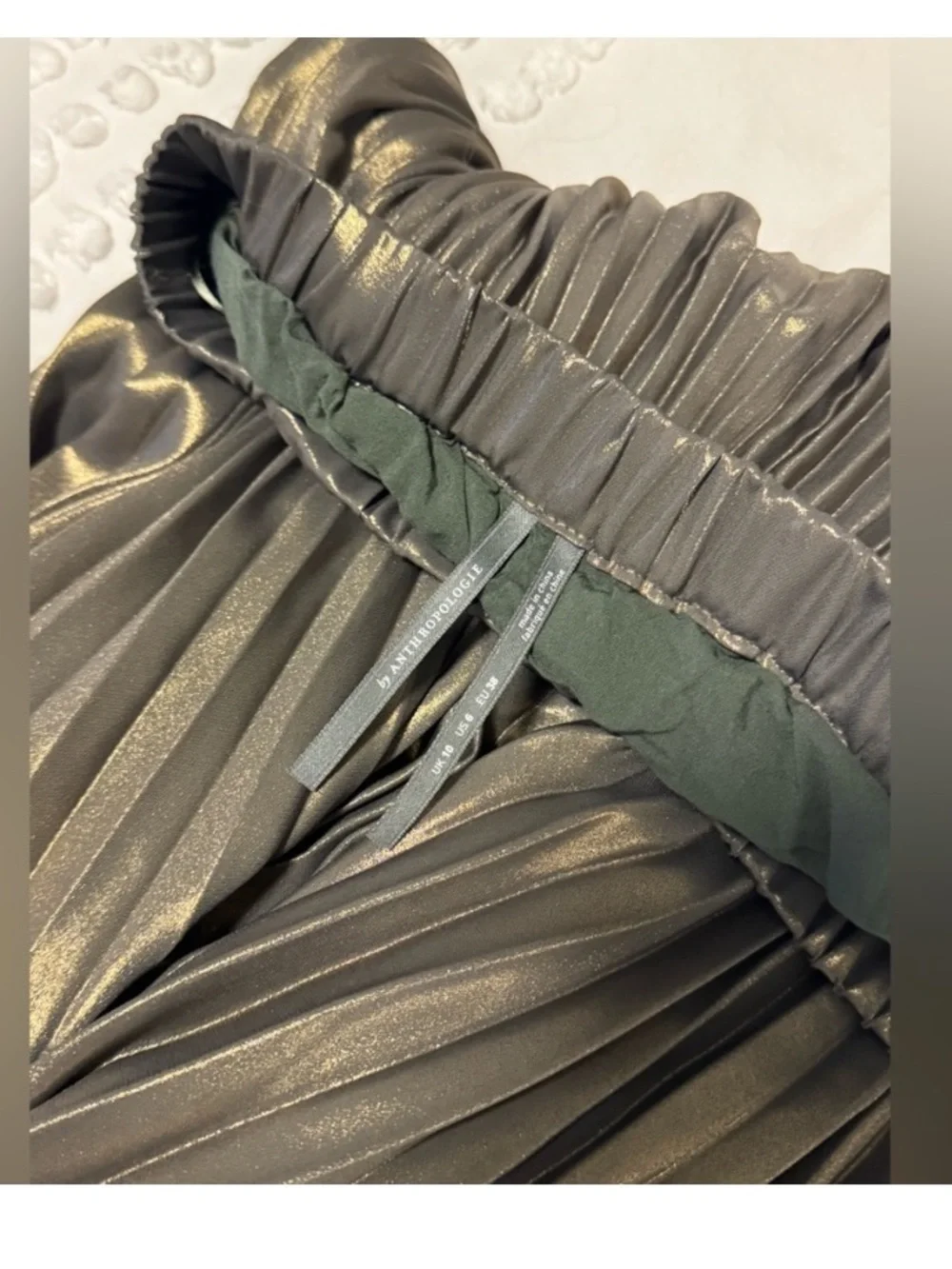 New Anthropologie Pleated Metallic Skirt Set Gold Green Cropped Top Midi Maxi 6